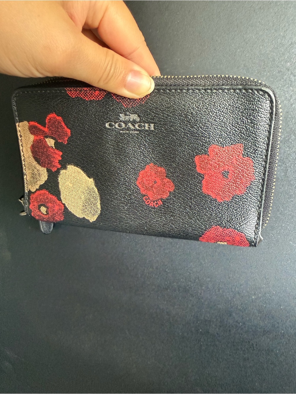 COACH Black Floral Zip-Around Wallet with Red and Cream Blooms